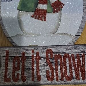 Festive Snowman Holiday Sign with Red Glitter Accents